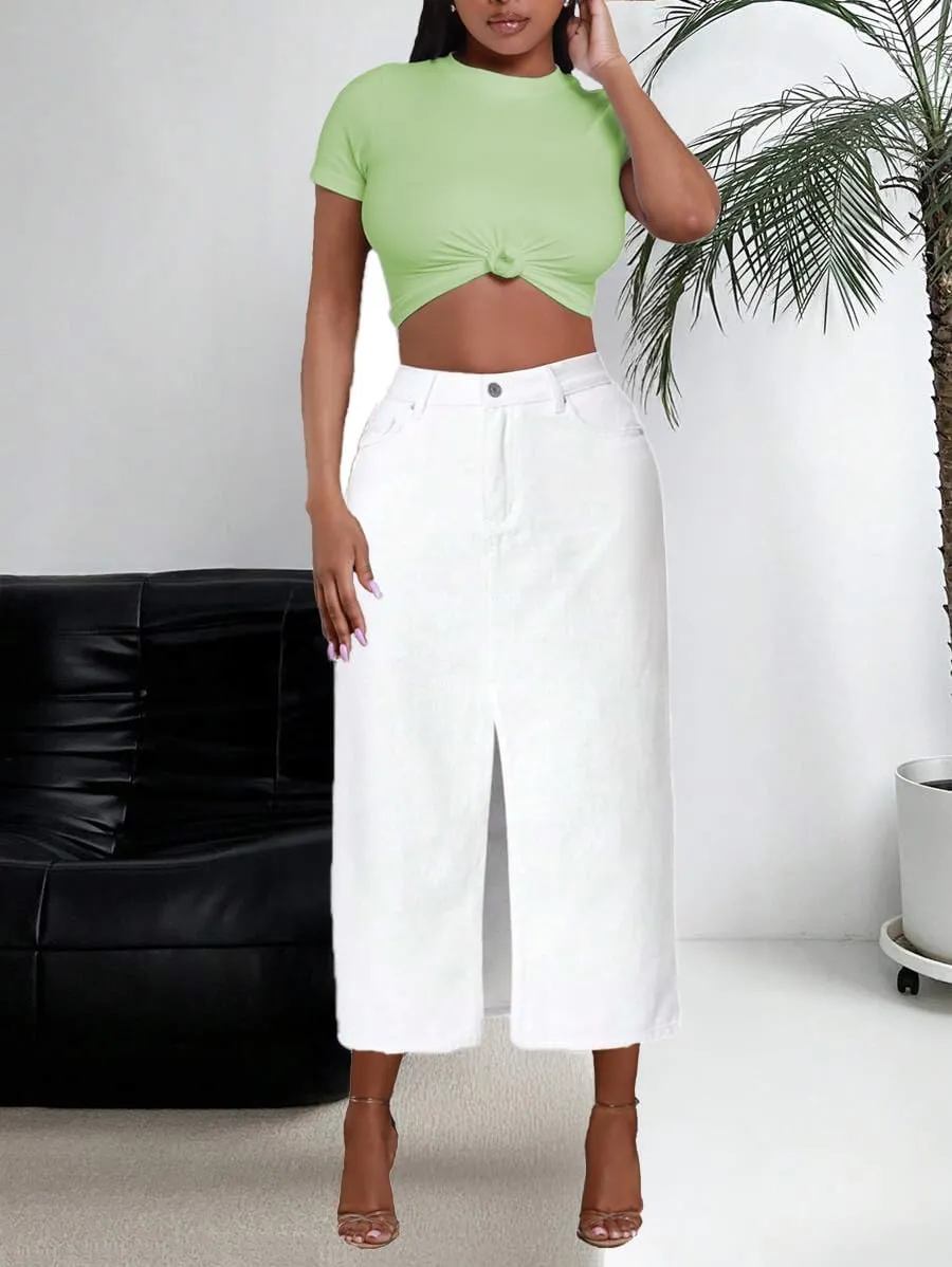 Jean Skirt for Women Denim Skirt High Waist Stretch Midi Denim Skirts with Pockets