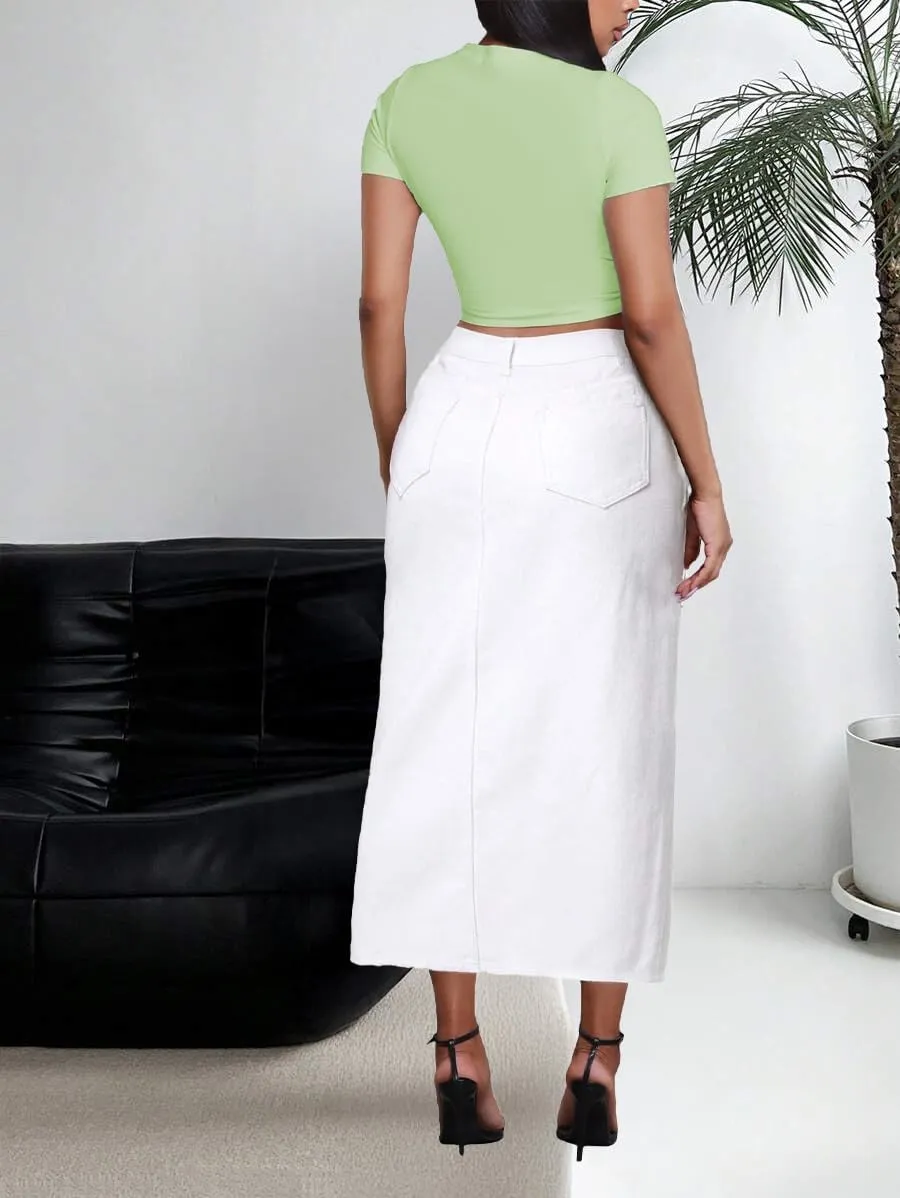 Jean Skirt for Women Denim Skirt High Waist Stretch Midi Denim Skirts with Pockets