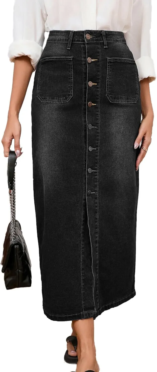 Jean Skirt for Women Denim Skirt High Waist Stretch Midi Denim Skirts with Pockets
