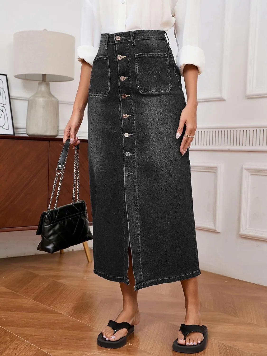 Jean Skirt for Women Denim Skirt High Waist Stretch Midi Denim Skirts with Pockets