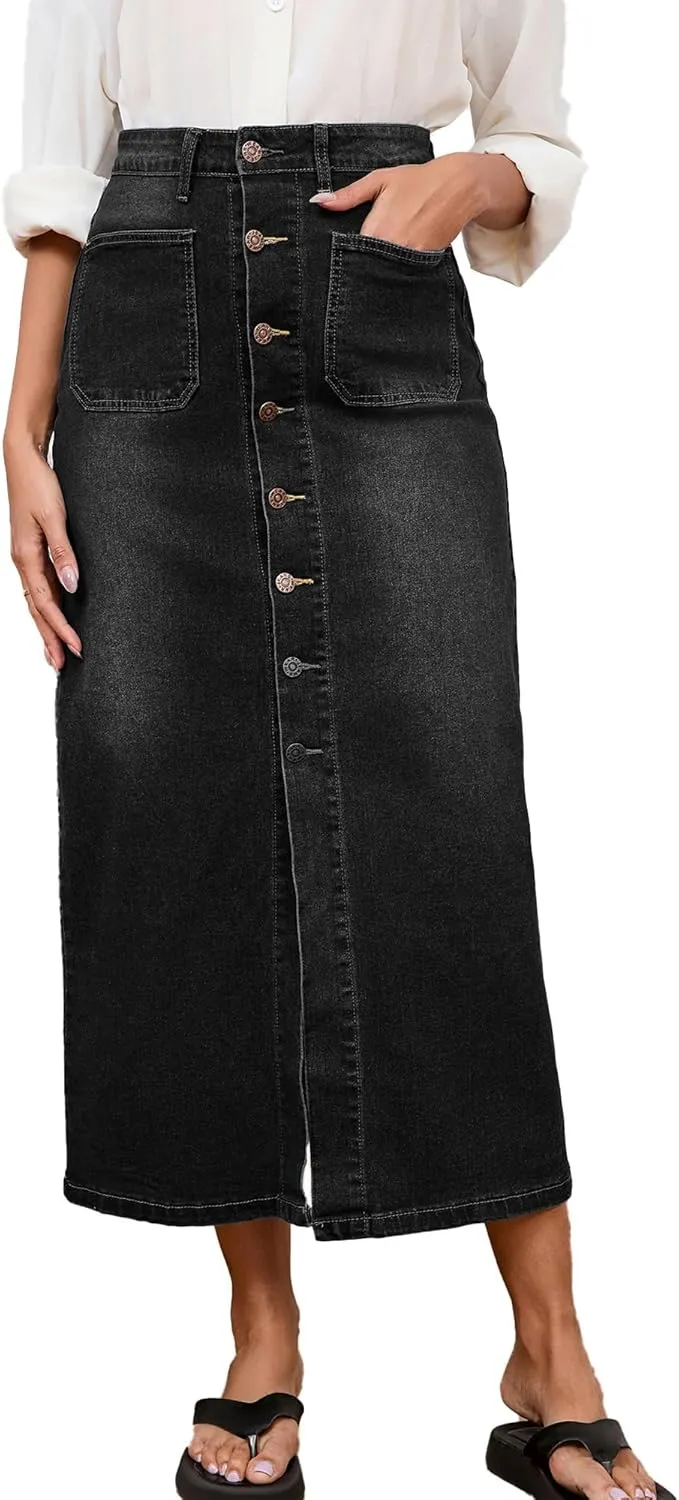 Jean Skirt for Women Denim Skirt High Waist Stretch Midi Denim Skirts with Pockets