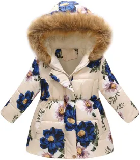 Kids Boys Girls Floral Print Winter Coat Cotton Parka Hooded Snowsuit Warm Fur Hooded Down Windproof Puffer Jacket Outerwear