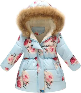 Kids Boys Girls Floral Print Winter Coat Cotton Parka Hooded Snowsuit Warm Fur Hooded Down Windproof Puffer Jacket Outerwear