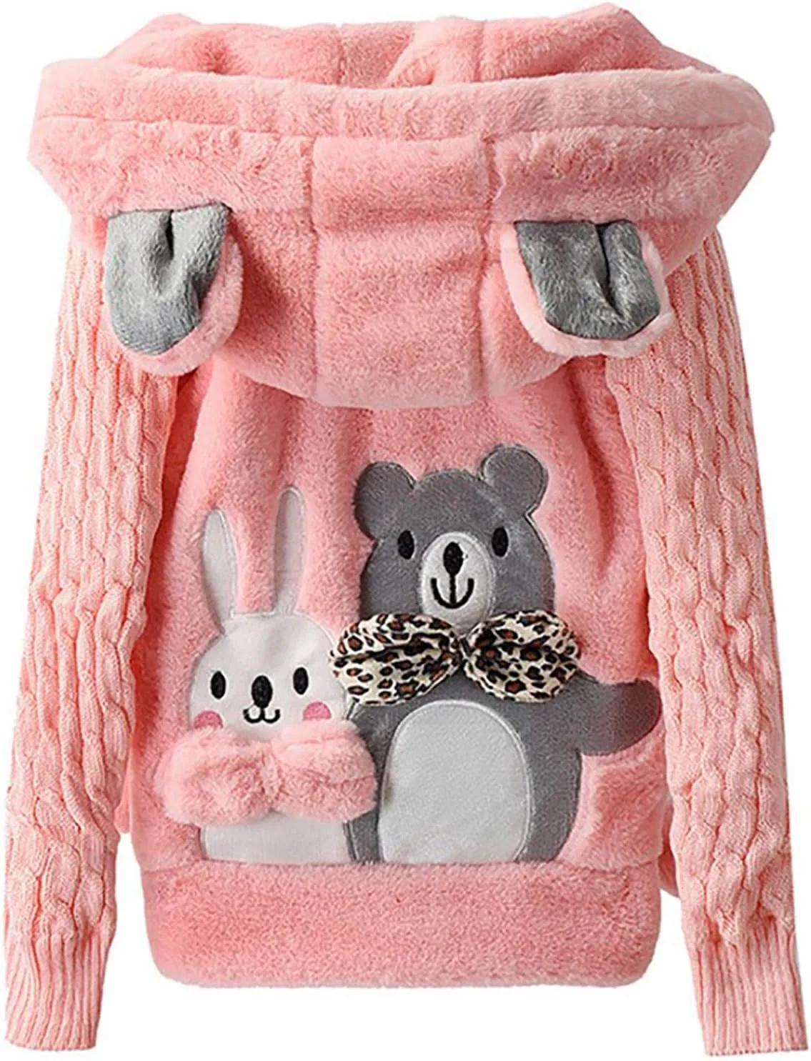 Kids Girls Casual Winter Faux Fur Warm Cotton-Padded Bear/Rabbit Applique Ear Hooded Long Coat Jacket