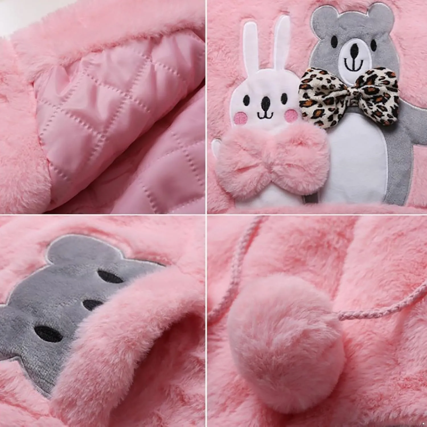 Kids Girls Casual Winter Faux Fur Warm Cotton-Padded Bear/Rabbit Applique Ear Hooded Long Coat Jacket