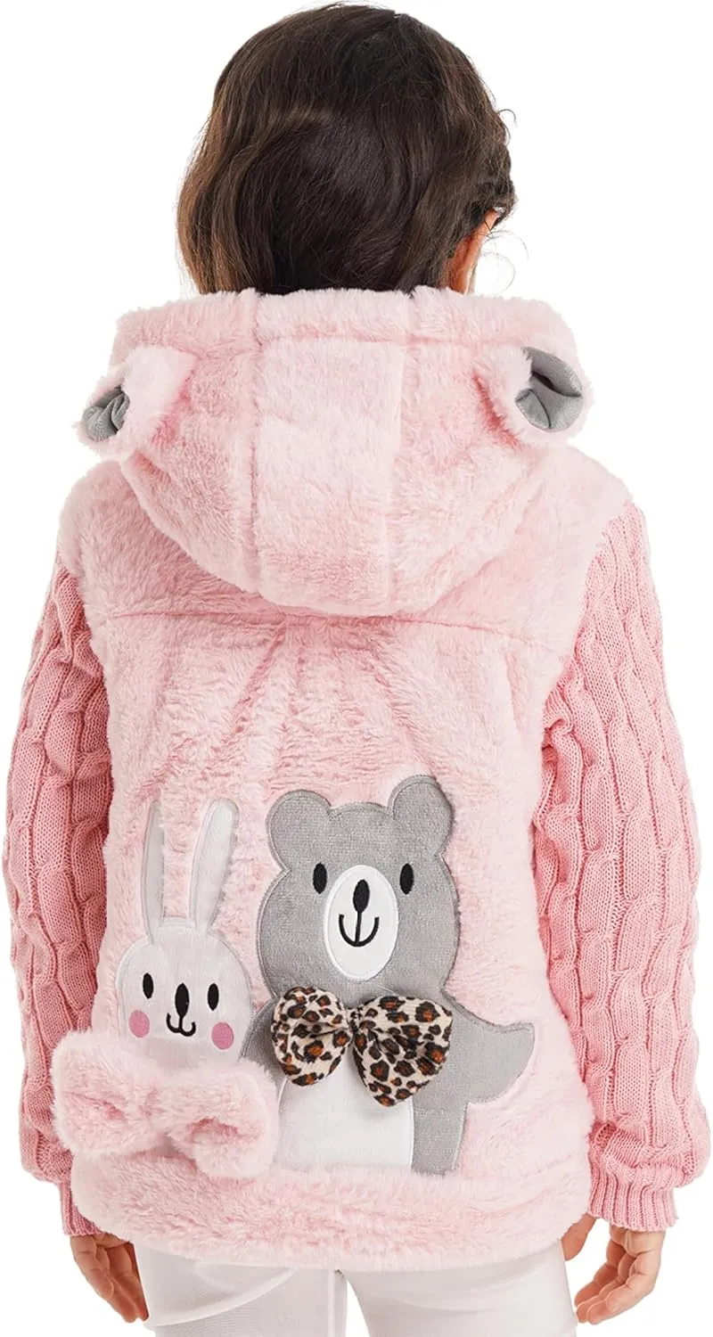 Kids Girls Casual Winter Faux Fur Warm Cotton-Padded Bear/Rabbit Applique Ear Hooded Long Coat Jacket