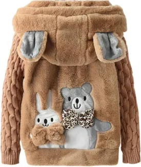Kids Girls Casual Winter Faux Fur Warm Cotton-Padded Bear/Rabbit Applique Ear Hooded Long Coat Jacket