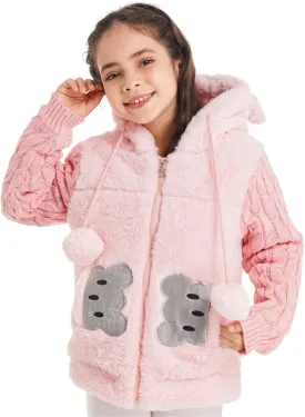Kids Girls Casual Winter Faux Fur Warm Cotton-Padded Bear/Rabbit Applique Ear Hooded Long Coat Jacket