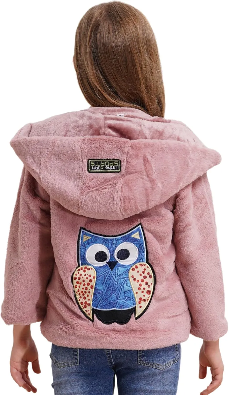 Kids Girls Kids Girls Winter Warm Coats Faux Fur Owl Applique Long Sleeve Zippered Hooded Coat Fleece Jacket