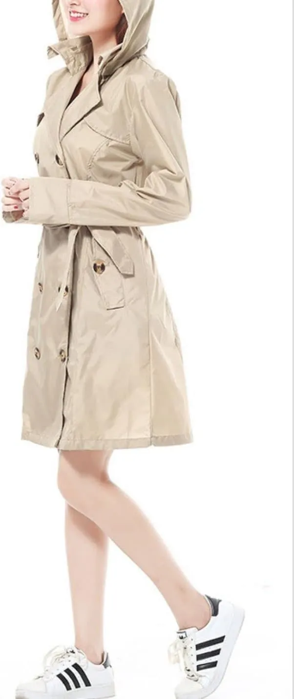 Kwoki Women's Hooded Trench Raincoat Double Breasted Waterproof Portable Outwear Jacket with Belt