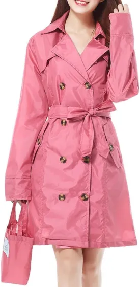 Kwoki Women's Hooded Trench Raincoat Double Breasted Waterproof Portable Outwear Jacket with Belt