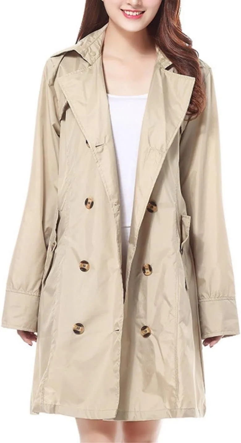 Kwoki Women's Hooded Trench Raincoat Double Breasted Waterproof Portable Outwear Jacket with Belt