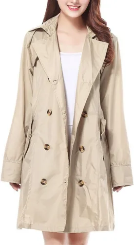 Kwoki Women's Hooded Trench Raincoat Double Breasted Waterproof Portable Outwear Jacket with Belt