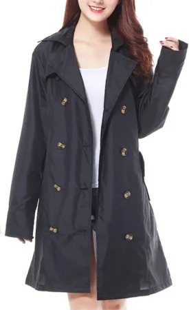 Kwoki Women's Hooded Trench Raincoat Double Breasted Waterproof Portable Outwear Jacket with Belt