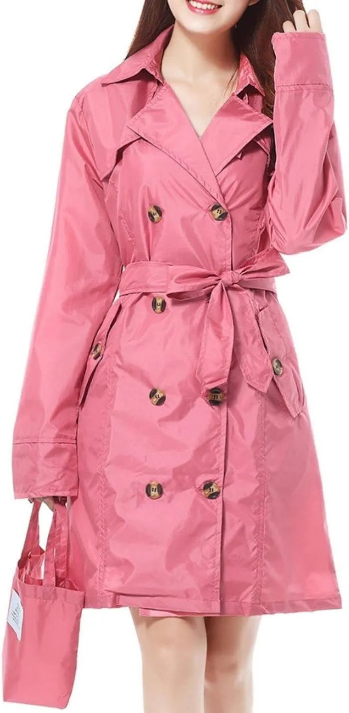 Kwoki Women's Hooded Trench Raincoat Double Breasted Waterproof Portable Outwear Jacket with Belt