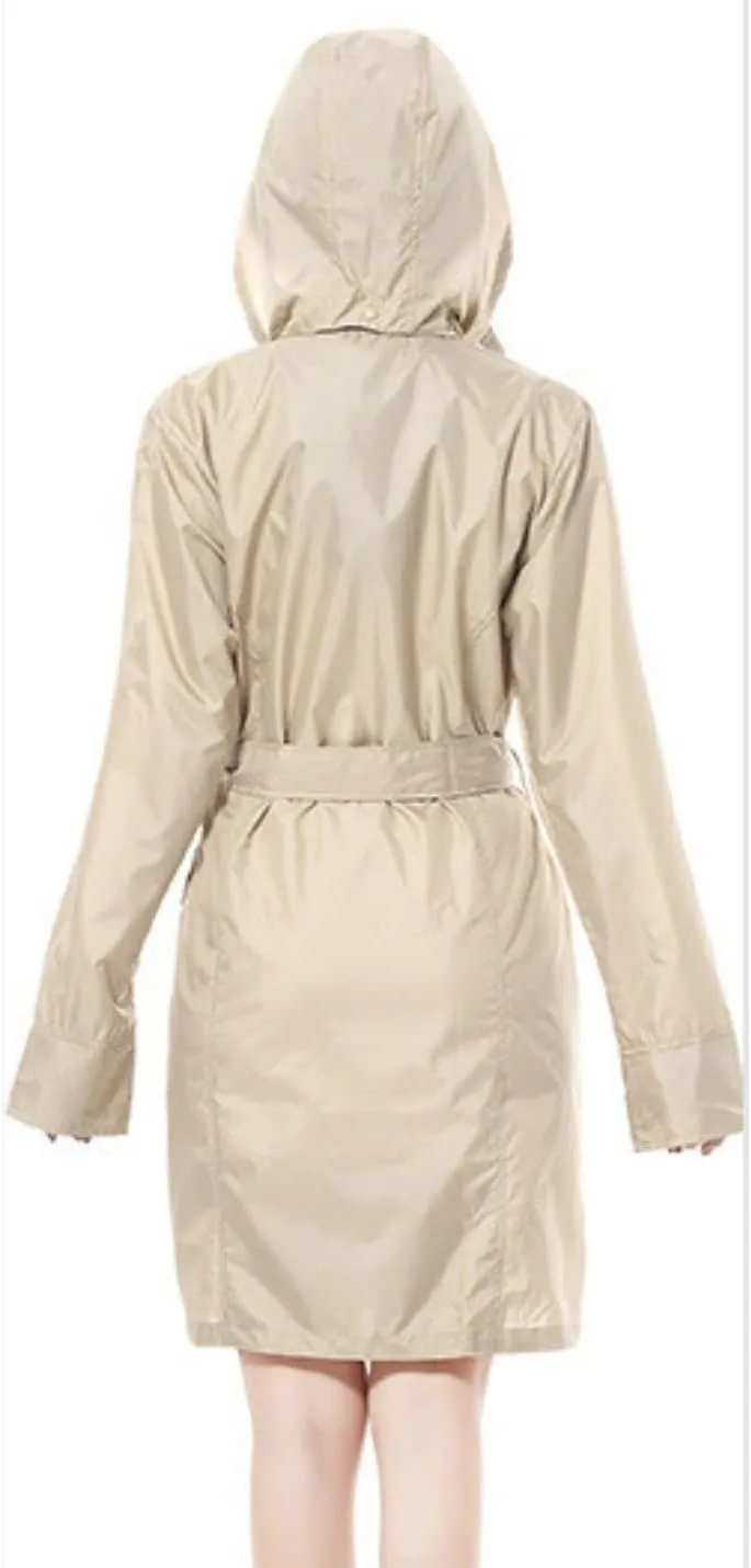 Kwoki Women's Hooded Trench Raincoat Double Breasted Waterproof Portable Outwear Jacket with Belt