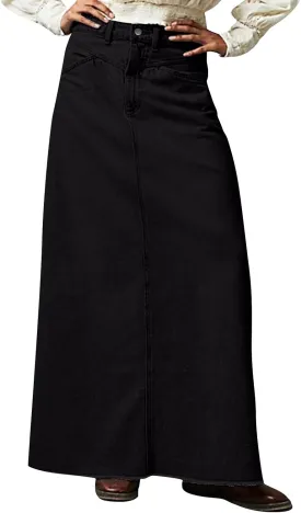 Long Jean Skirt for Women Frayed Hem Denim Maxi Skirt Vintage Casual Y2k High Waisted Denim Skirt with Pockets