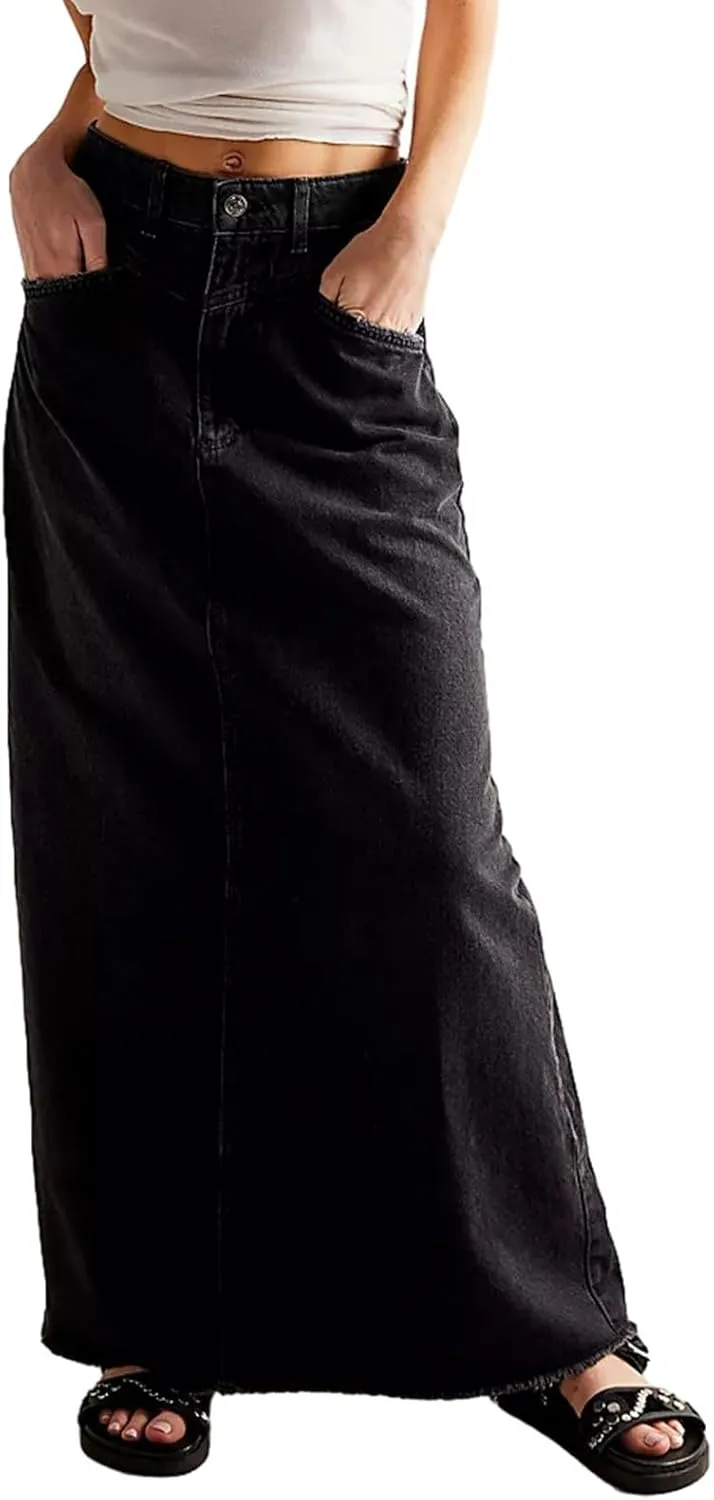 Long Jean Skirt for Women Frayed Hem Denim Maxi Skirt Vintage Casual Y2k High Waisted Denim Skirt with Pockets