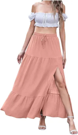 Long Split Skirt for Women Cotton Boho Maxi Elastic Waist Skirts Vacation Tiered Puffle Swing A Line Chiffon Skirt