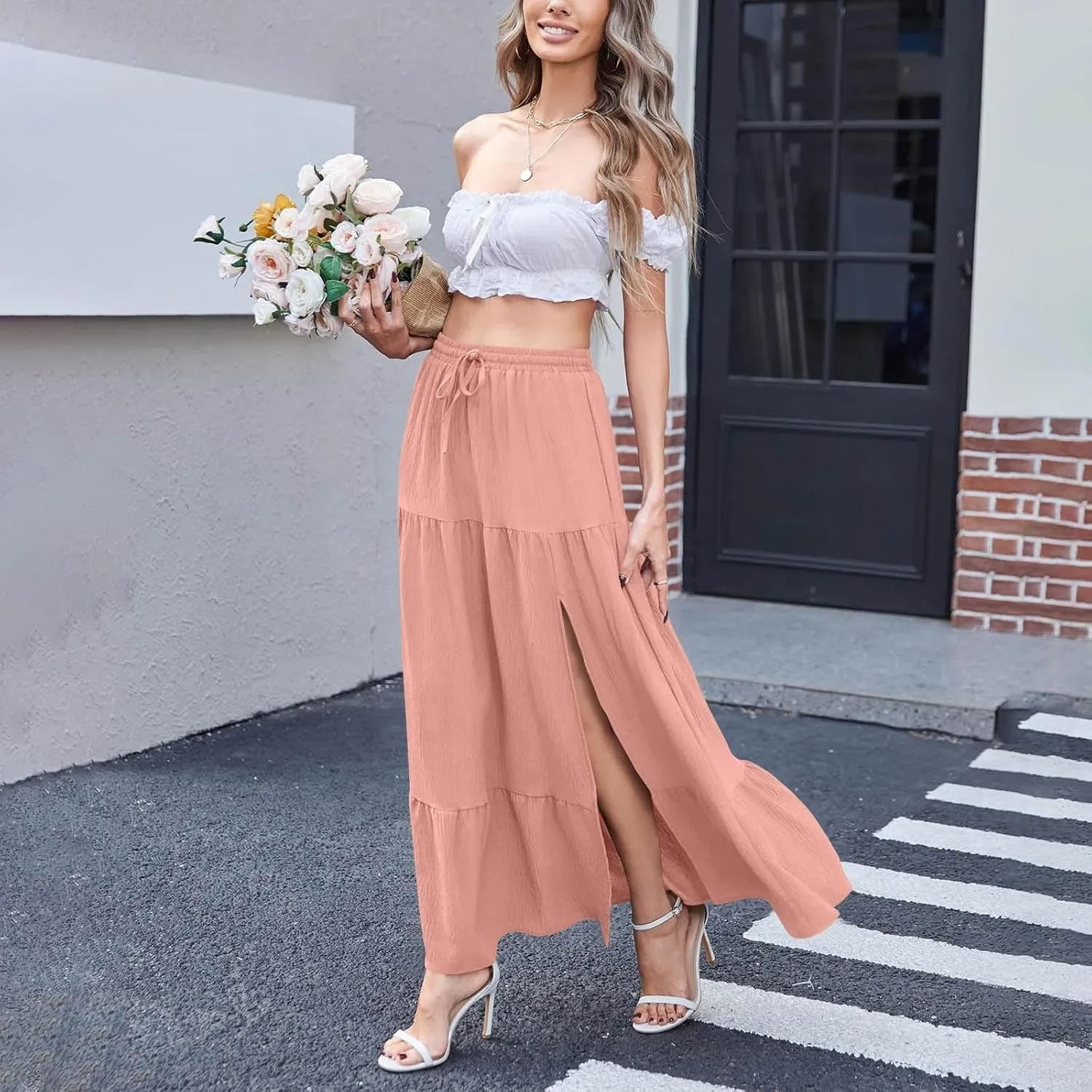 Long Split Skirt for Women Cotton Boho Maxi Elastic Waist Skirts Vacation Tiered Puffle Swing A Line Chiffon Skirt