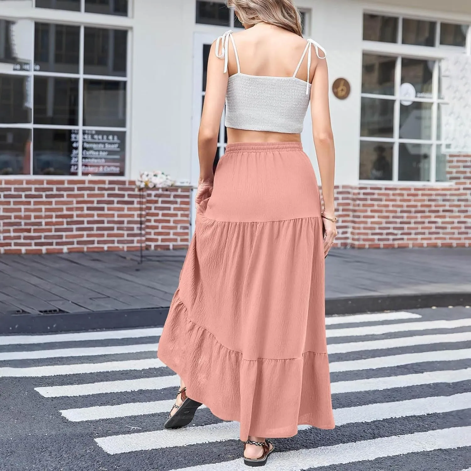 Long Split Skirt for Women Cotton Boho Maxi Elastic Waist Skirts Vacation Tiered Puffle Swing A Line Chiffon Skirt