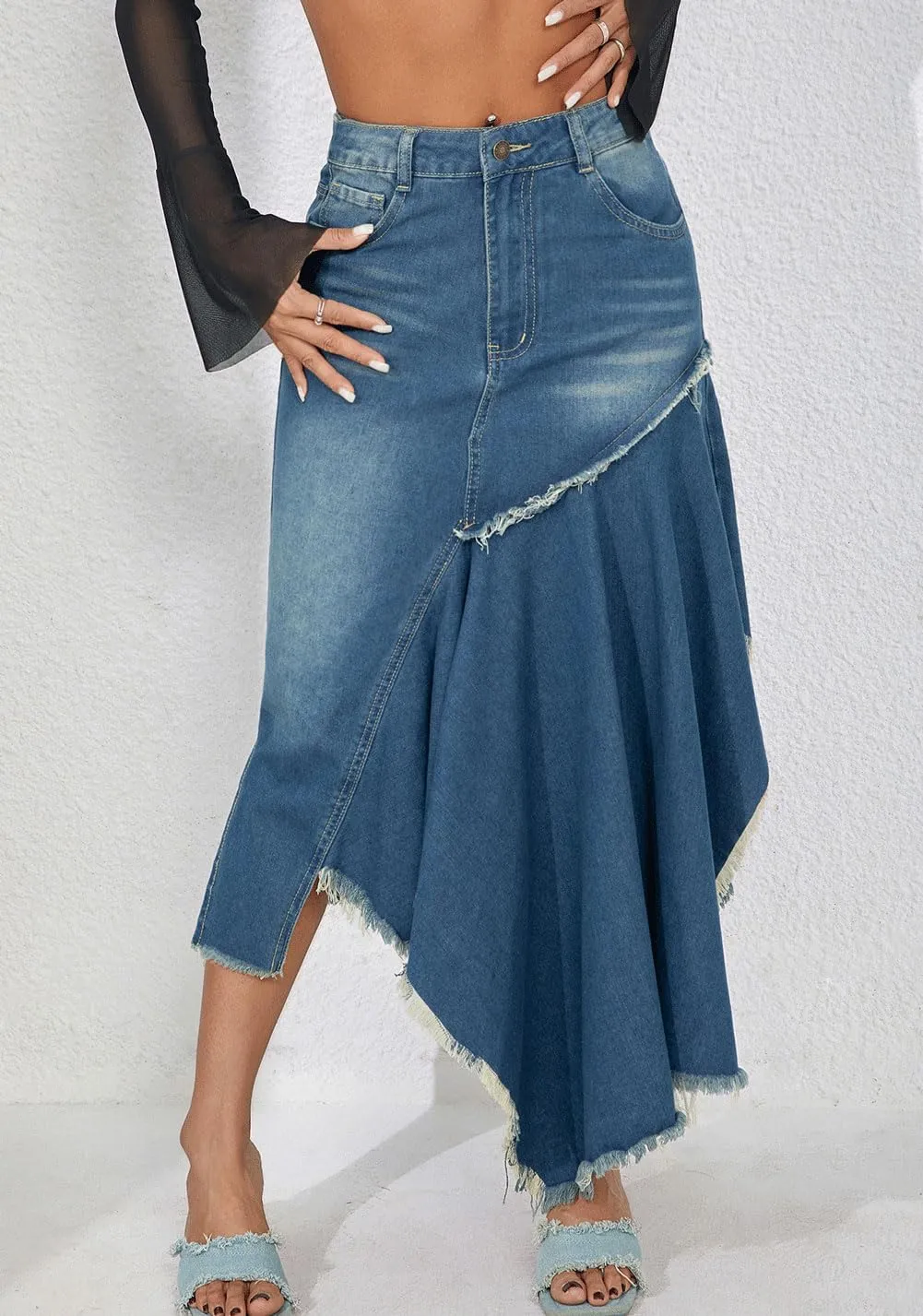 loveimgs Women Irregular Denim Midi Skirt High Waist Flowy Asymmetrical Hemline A line Jean Skirt Packaged Hip Frayed