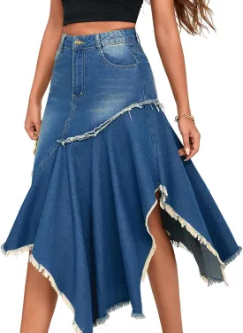 loveimgs Women Irregular Denim Midi Skirt High Waist Flowy Asymmetrical Hemline A line Jean Skirt Packaged Hip Frayed