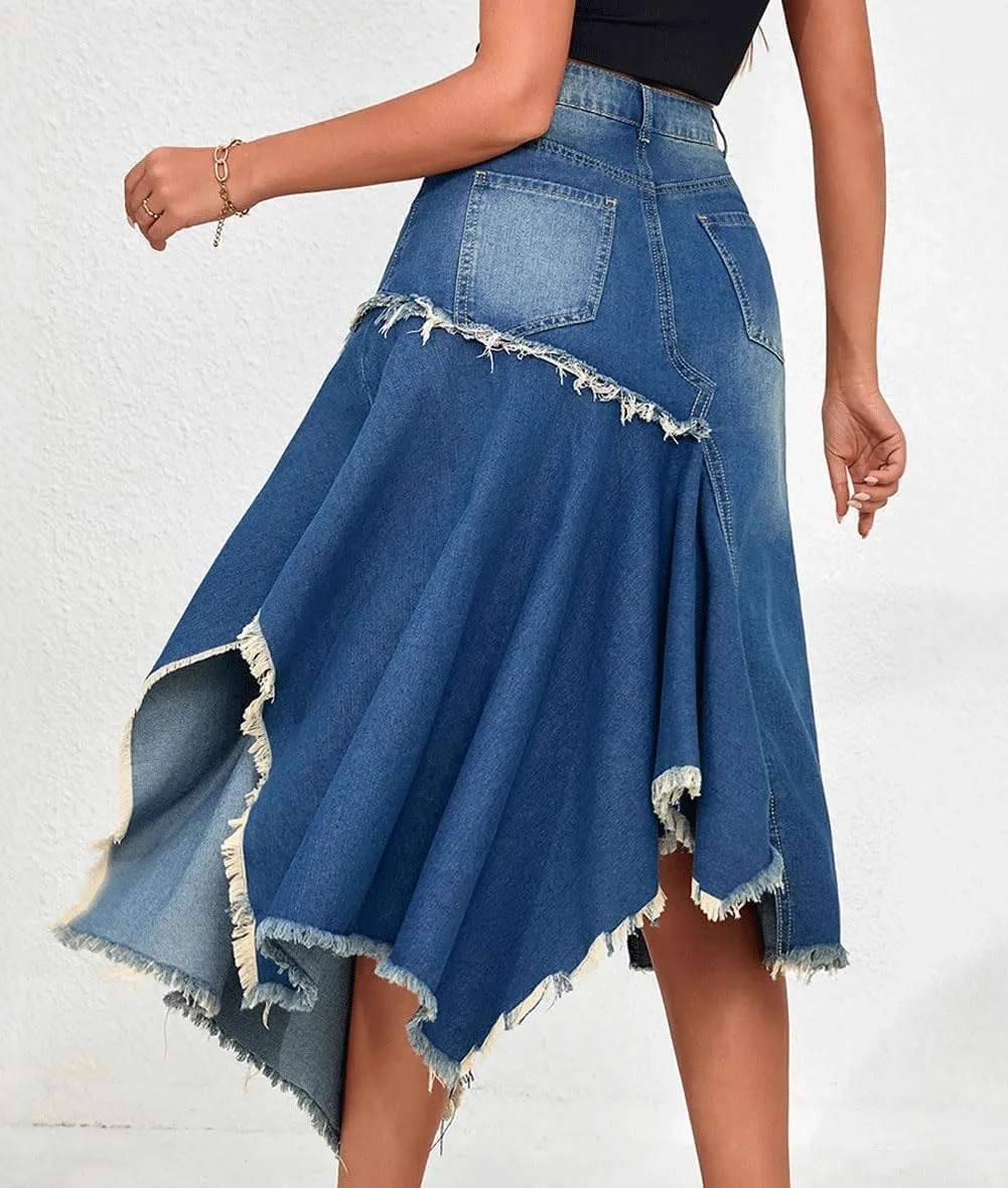 loveimgs Women Irregular Denim Midi Skirt High Waist Flowy Asymmetrical Hemline A line Jean Skirt Packaged Hip Frayed