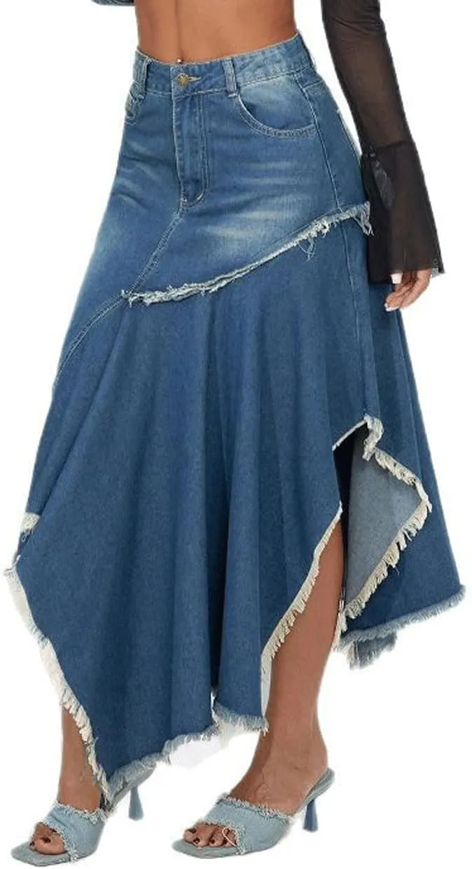 loveimgs Women Irregular Denim Midi Skirt High Waist Flowy Asymmetrical Hemline A line Jean Skirt Packaged Hip Frayed
