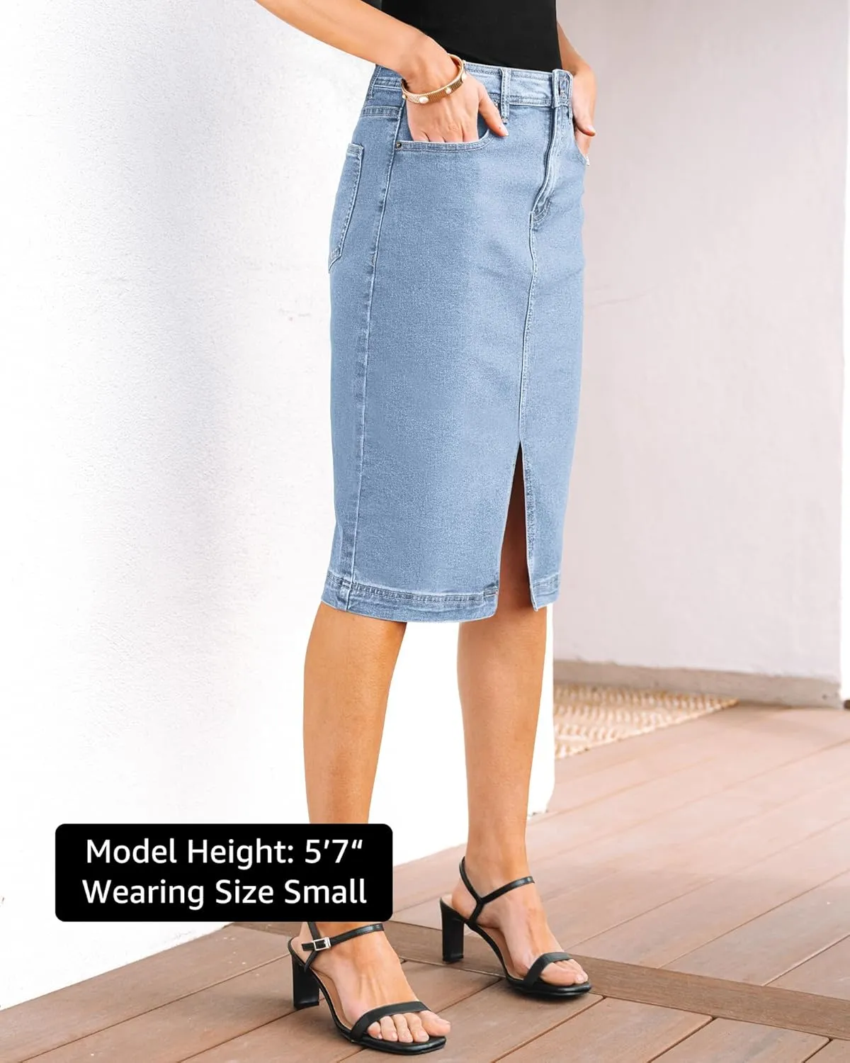 luvamia Jean Skirts for Women Denim Trendy Summer Casual Stretchy High Waisted Midi Below Knee Pencil Skirt with Slit