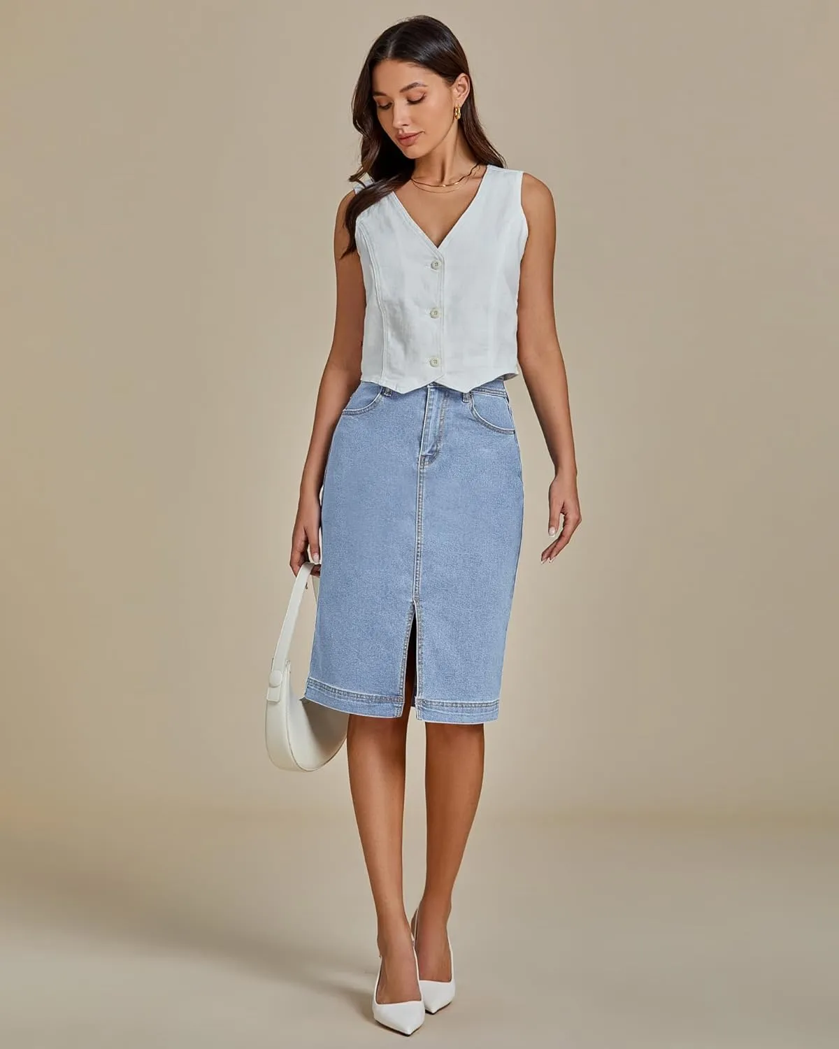 luvamia Jean Skirts for Women Denim Trendy Summer Casual Stretchy High Waisted Midi Below Knee Pencil Skirt with Slit