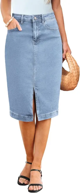 luvamia Jean Skirts for Women Denim Trendy Summer Casual Stretchy High Waisted Midi Below Knee Pencil Skirt with Slit