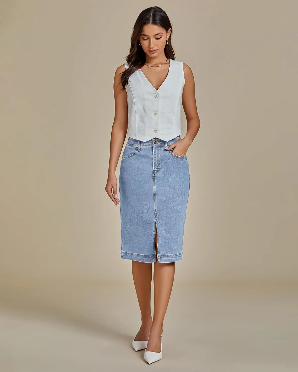 luvamia Jean Skirts for Women Denim Trendy Summer Casual Stretchy High Waisted Midi Below Knee Pencil Skirt with Slit