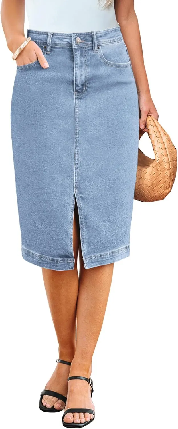 luvamia Jean Skirts for Women Denim Trendy Summer Casual Stretchy High Waisted Midi Below Knee Pencil Skirt with Slit