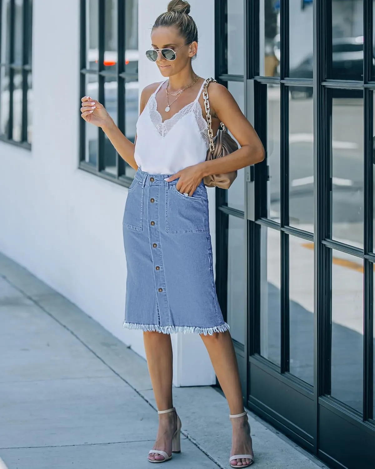 luvamia Women's Casual Mid Rise Button Down Frayed Raw Hem Denim Jean Midi Skirt