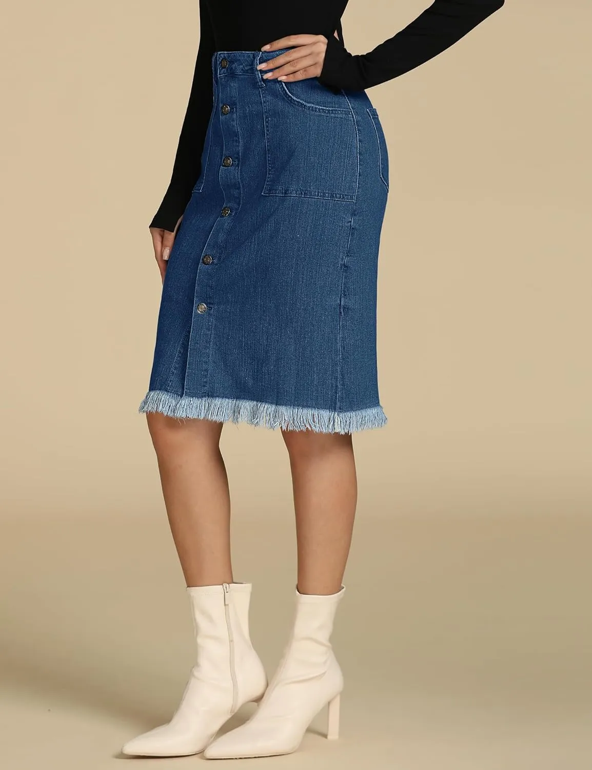 luvamia Women's Casual Mid Rise Button Down Frayed Raw Hem Denim Jean Midi Skirt
