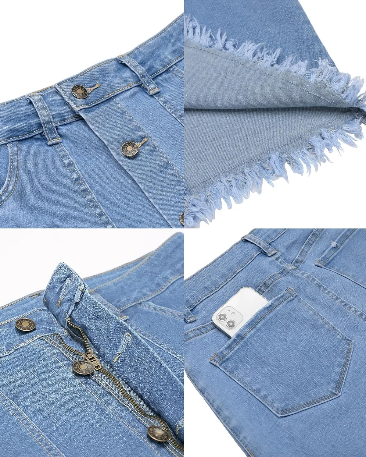 luvamia Women's Casual Mid Rise Button Down Frayed Raw Hem Denim Jean Midi Skirt