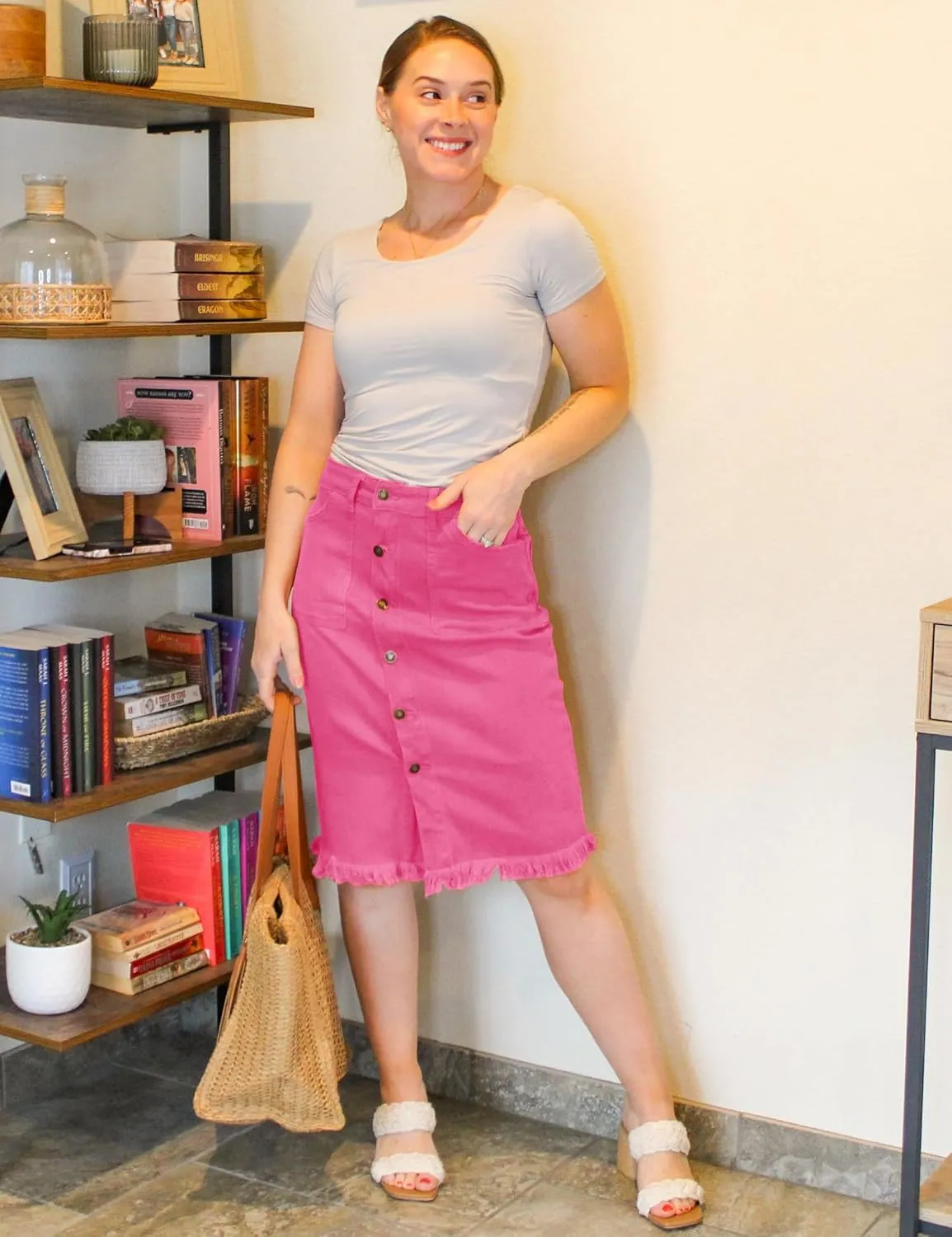 luvamia Women's Casual Mid Rise Button Down Frayed Raw Hem Denim Jean Midi Skirt