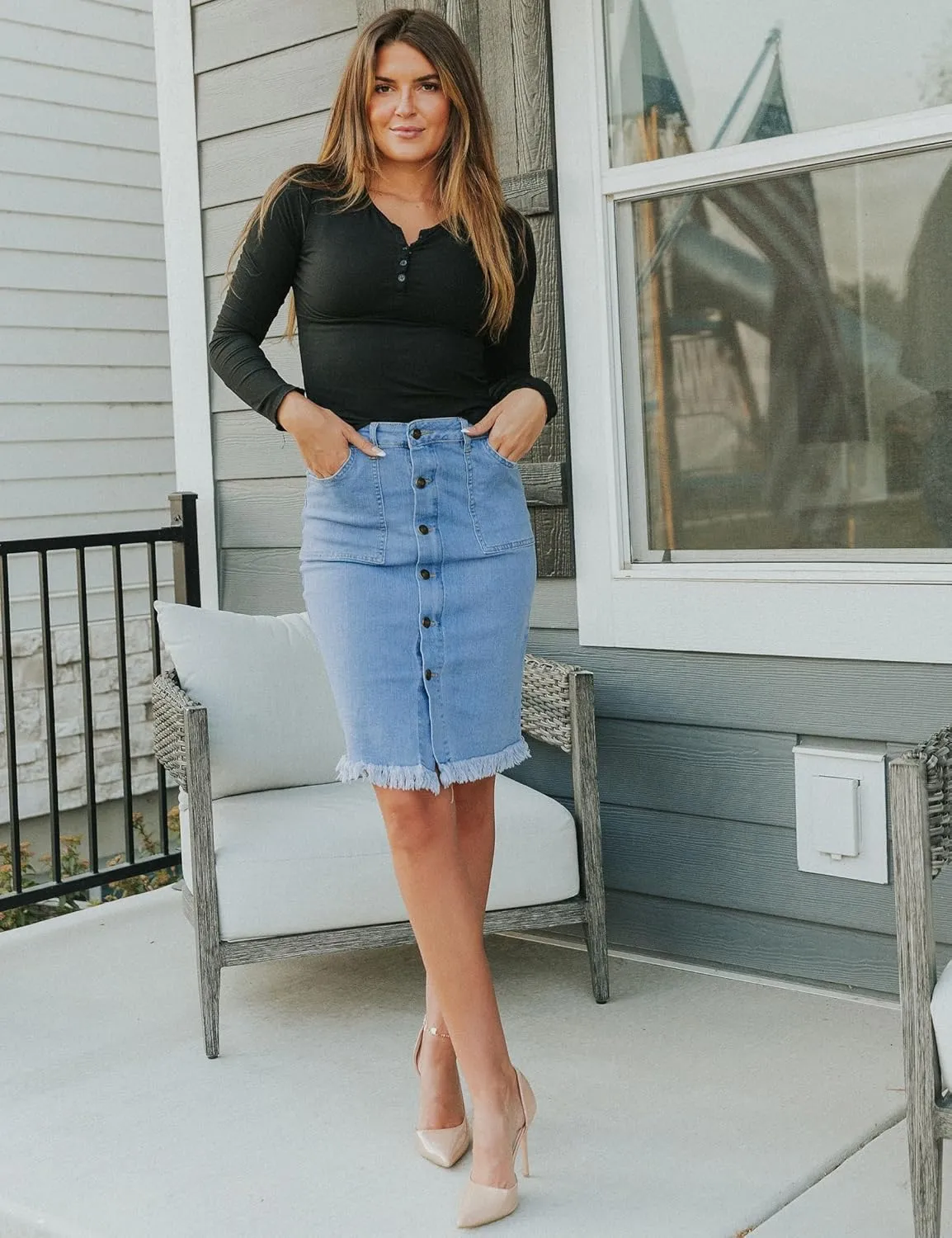 luvamia Women's Casual Mid Rise Button Down Frayed Raw Hem Denim Jean Midi Skirt