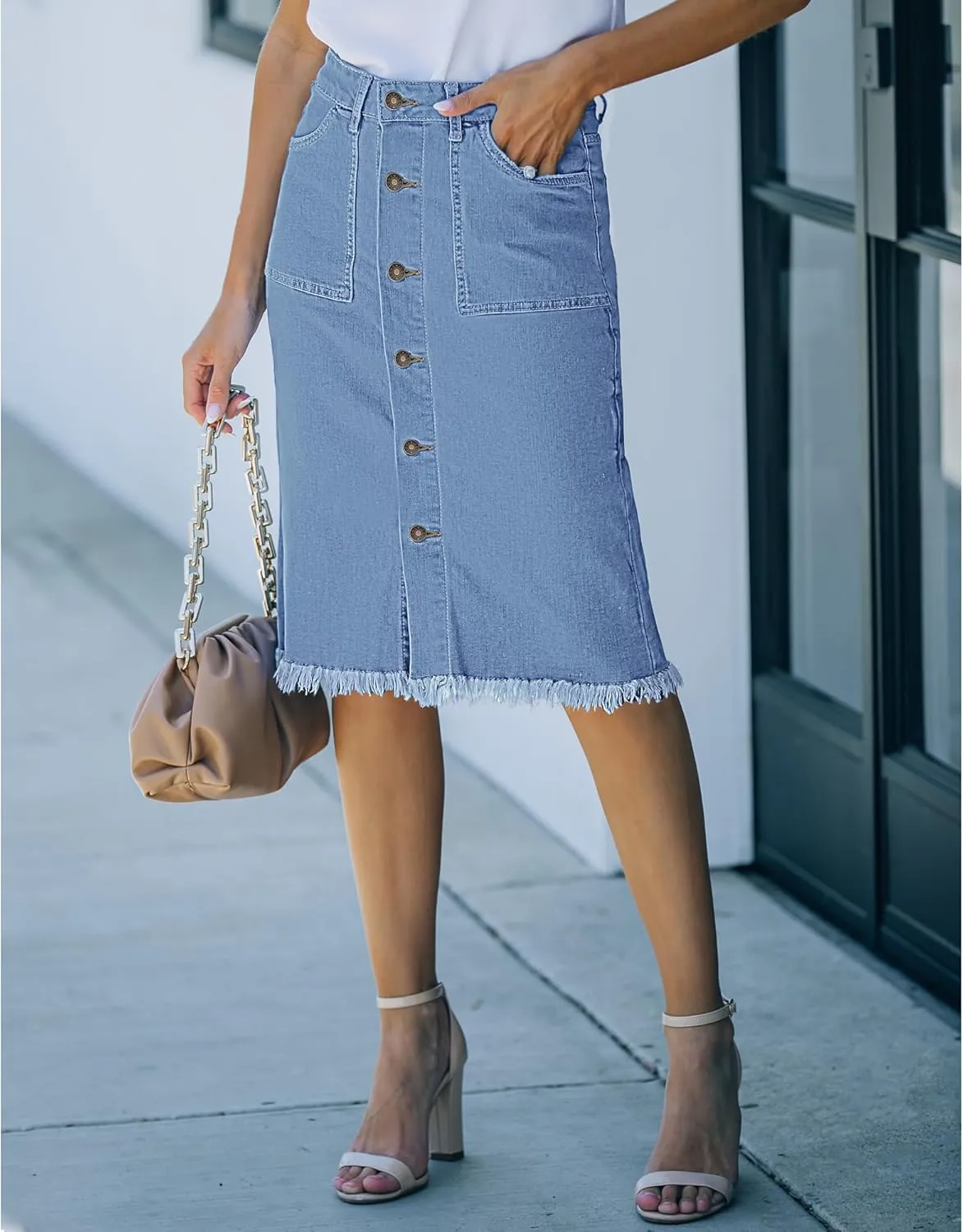 luvamia Women's Casual Mid Rise Button Down Frayed Raw Hem Denim Jean Midi Skirt