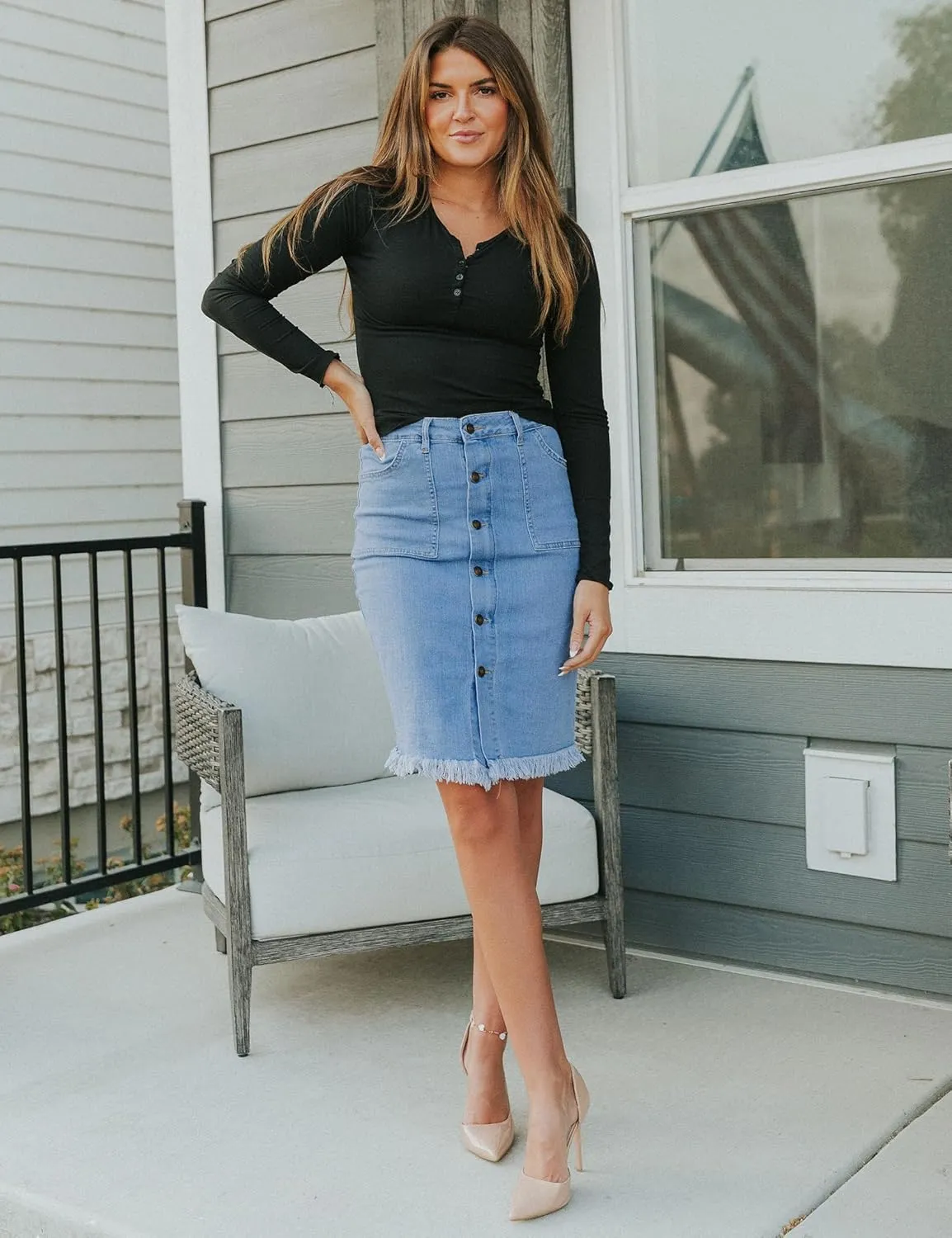 luvamia Women's Casual Mid Rise Button Down Frayed Raw Hem Denim Jean Midi Skirt