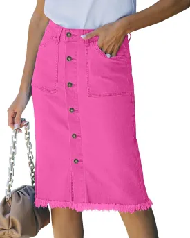 luvamia Women's Casual Mid Rise Button Down Frayed Raw Hem Denim Jean Midi Skirt