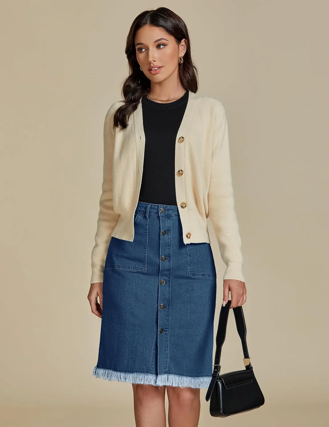 luvamia Women's Casual Mid Rise Button Down Frayed Raw Hem Denim Jean Midi Skirt