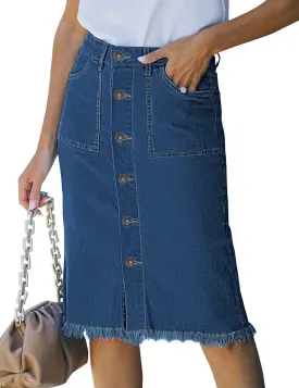 luvamia Women's Casual Mid Rise Button Down Frayed Raw Hem Denim Jean Midi Skirt