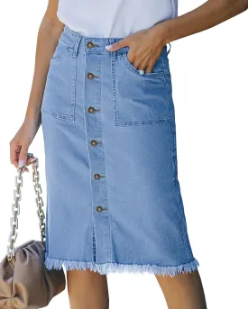 luvamia Women's Casual Mid Rise Button Down Frayed Raw Hem Denim Jean Midi Skirt
