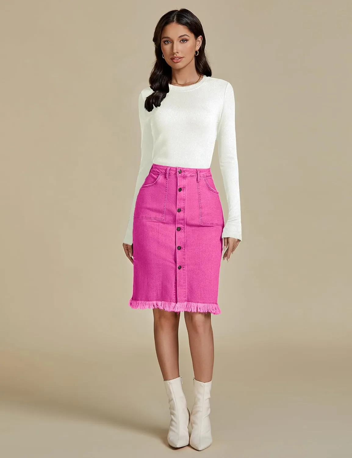 luvamia Women's Casual Mid Rise Button Down Frayed Raw Hem Denim Jean Midi Skirt