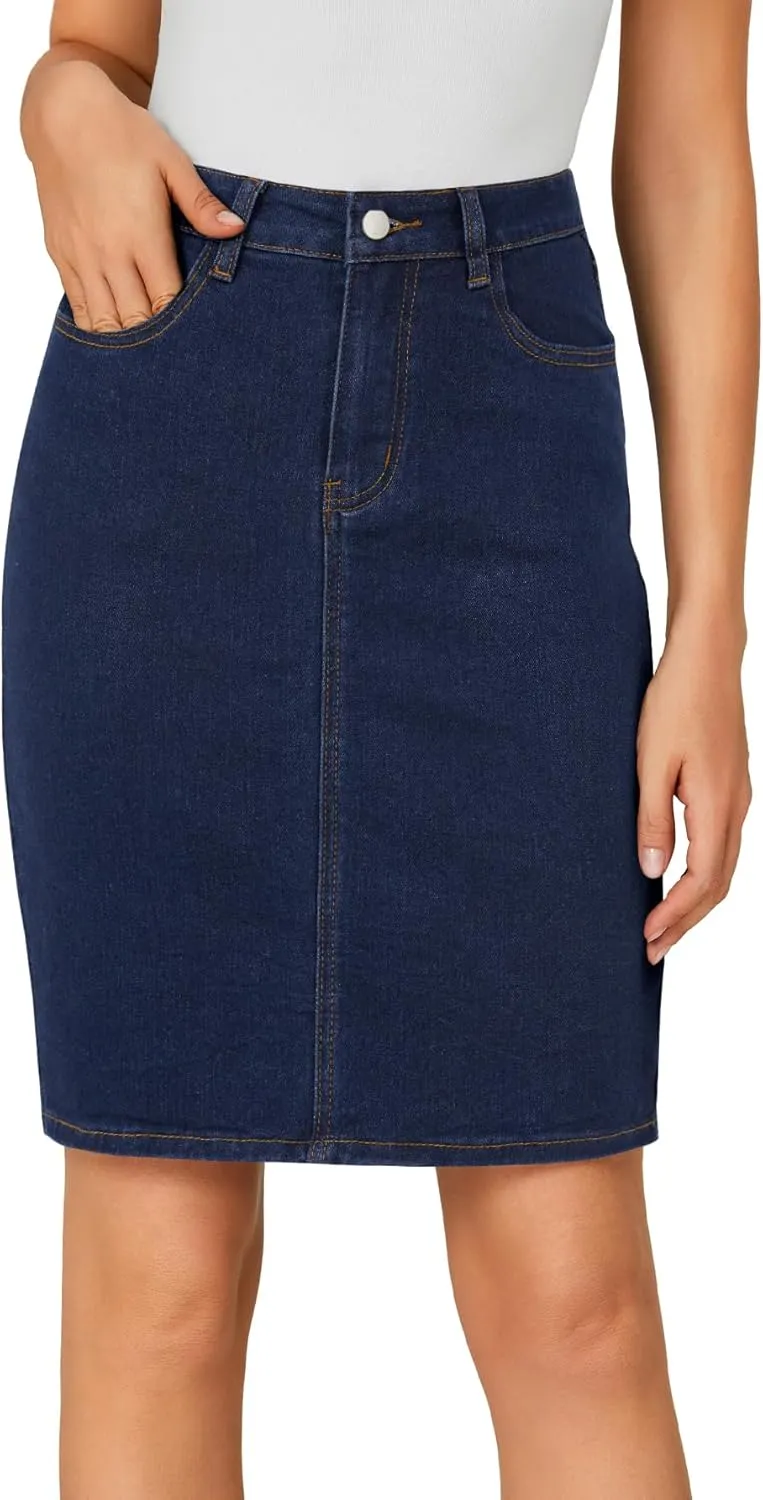 LYANER Women's Casual Stretch High Waist Bodycon Denim Jean Midi Skirt with Pockets
