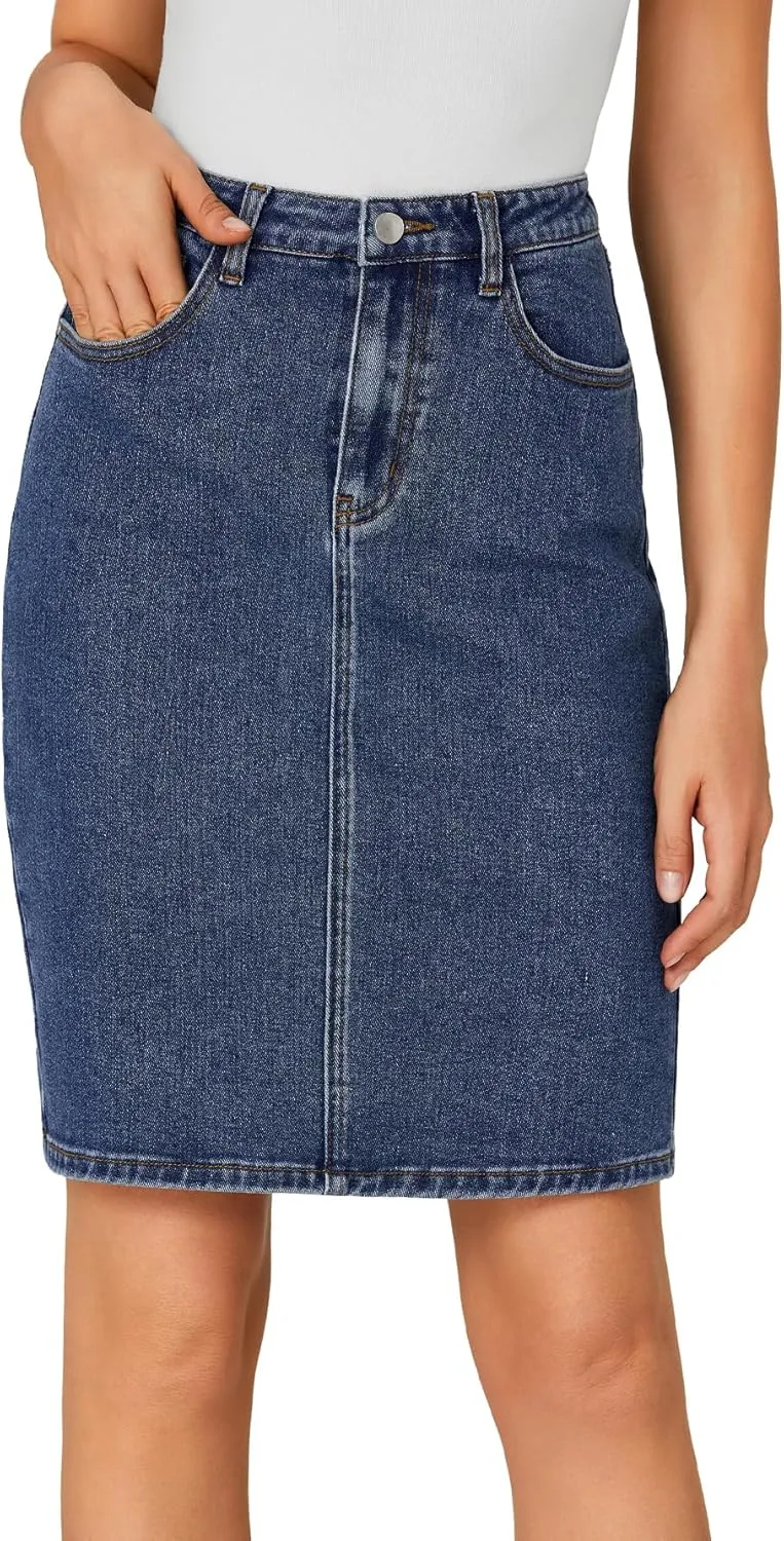 LYANER Women's Casual Stretch High Waist Bodycon Denim Jean Midi Skirt with Pockets