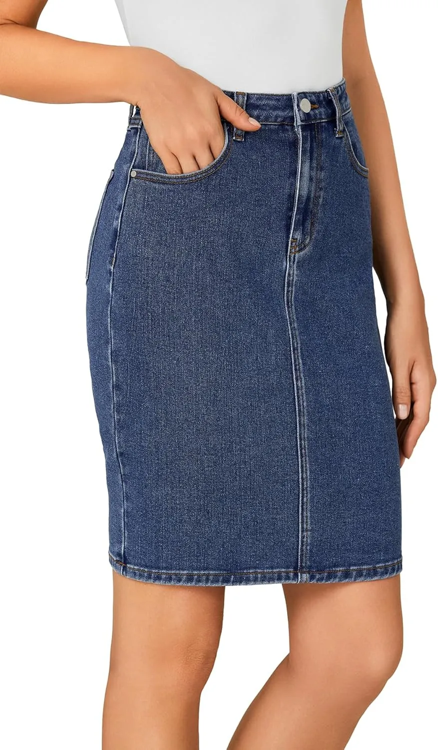 LYANER Women's Casual Stretch High Waist Bodycon Denim Jean Midi Skirt with Pockets