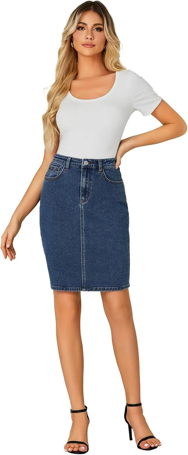 LYANER Women's Casual Stretch High Waist Bodycon Denim Jean Midi Skirt with Pockets